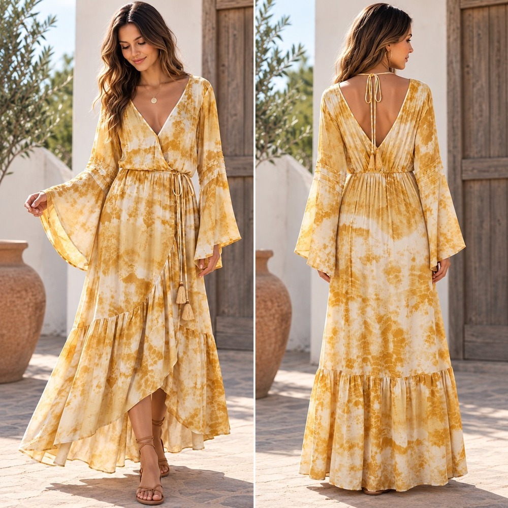 Bohemian Tie Dye Maxi Dress Bell Long Sleeve Ruffled Hem Hi-lo Romantic Large